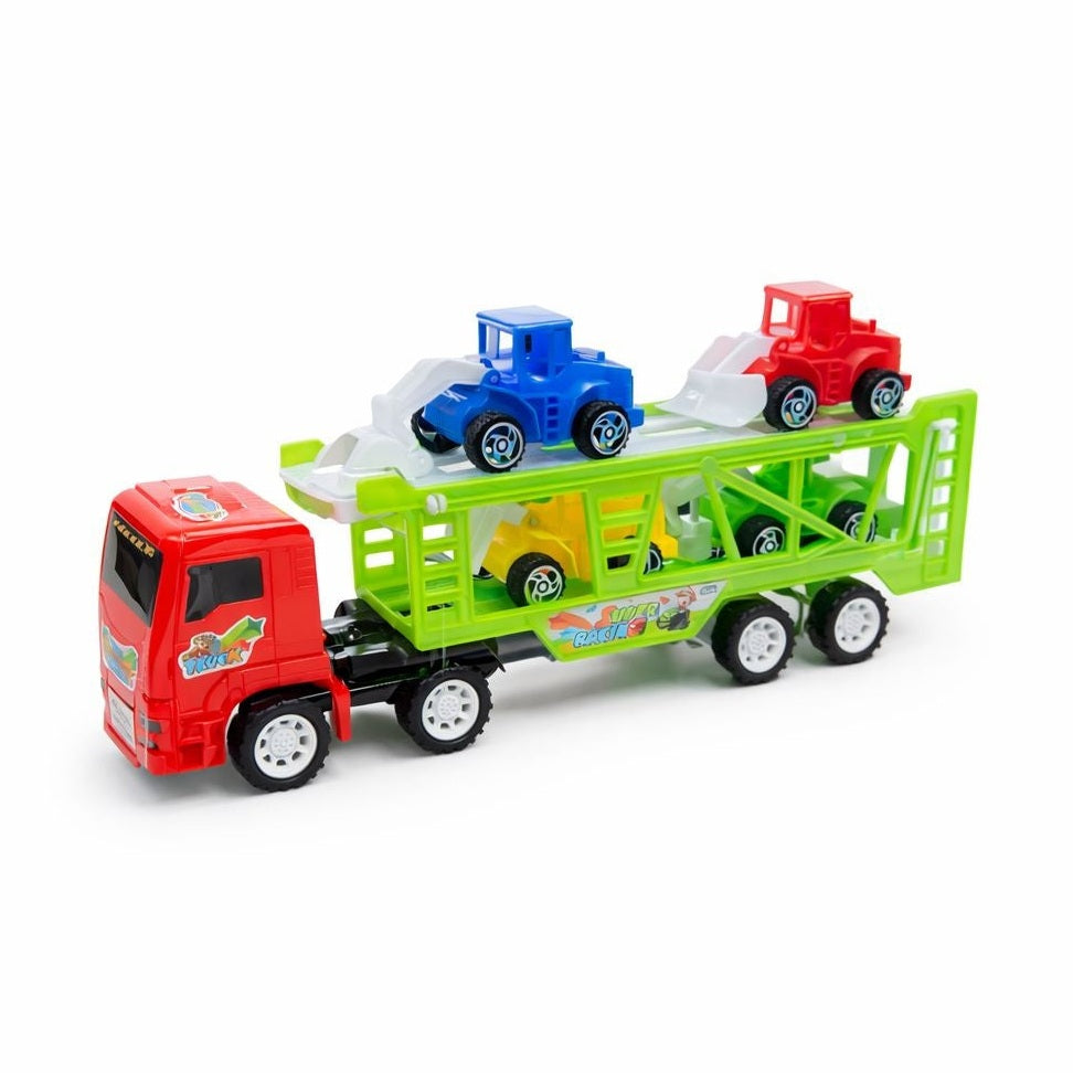 Camion rosu transport masini cu utilaje colorate, jucarie platforma copii 30 cm