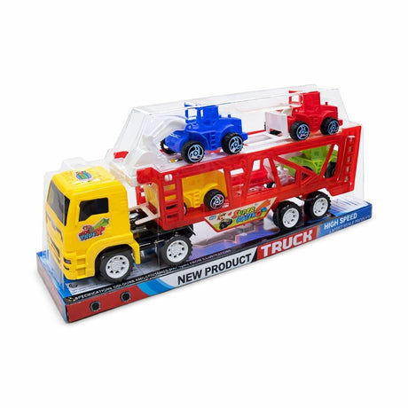 Camion transport masini cu utilaje colorate, jucarie camion platforma galben rosu 30 cm