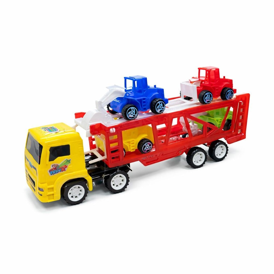 Camion transport masini cu utilaje colorate, jucarie camion platforma galben rosu 30 cm