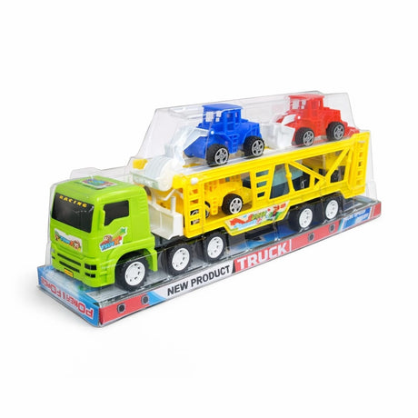 Camion transportator verde cu platformă și mini vehicule de construcții, 30x8x13.5 cm