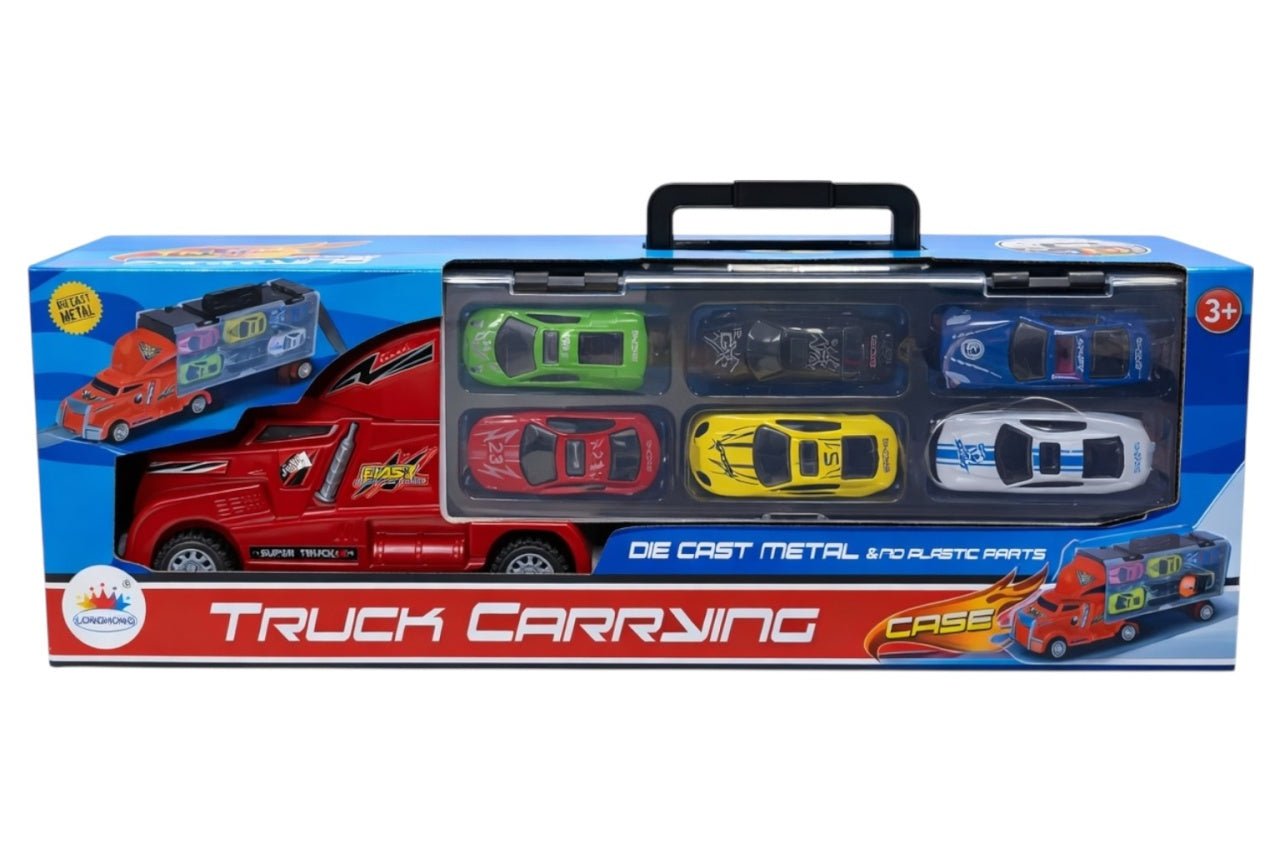 Camion transportor de mașini cu 6 mașinuțe metalice incluse, 41 cm