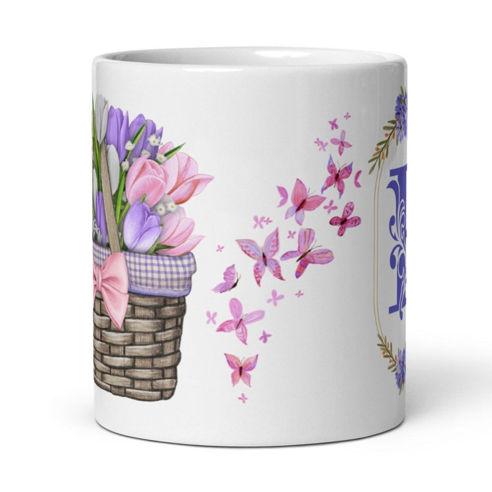 Cana cu model floral si initiala , Cadou special , 330 ml