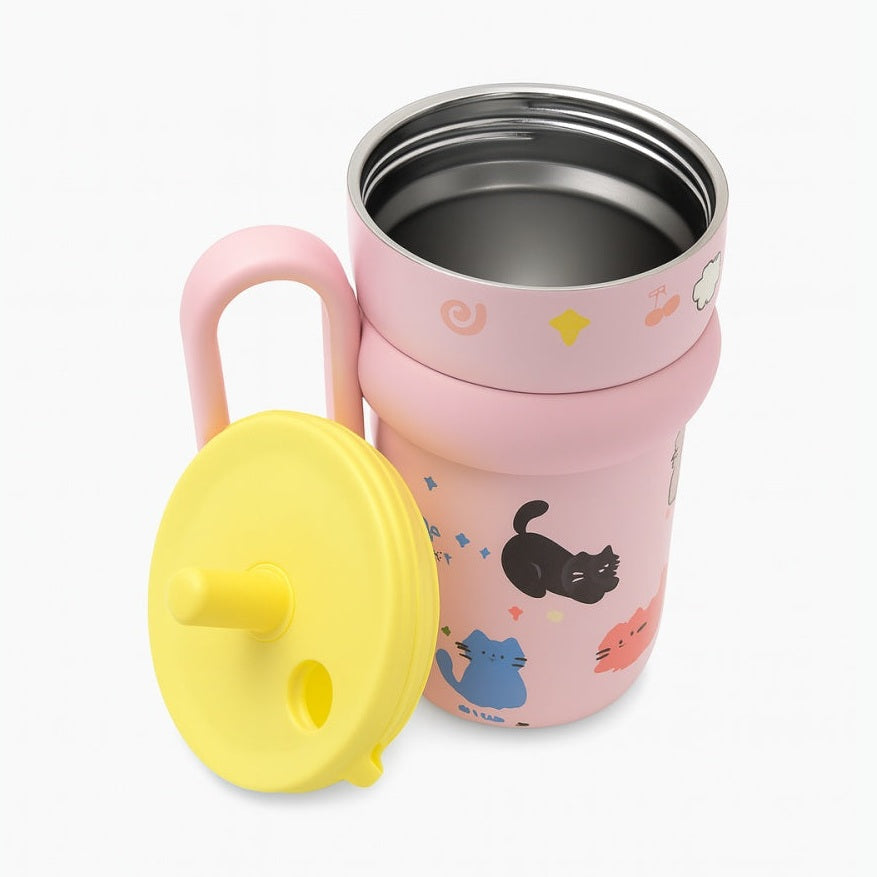 Cana Cu Pai 540ml pentru Copii cu Maner si Design Pisicute