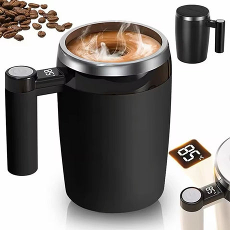 Cana inteligenta cu amestecare automata si afisaj temperatura LCD, reincarcabila USB, 400 ml, negru