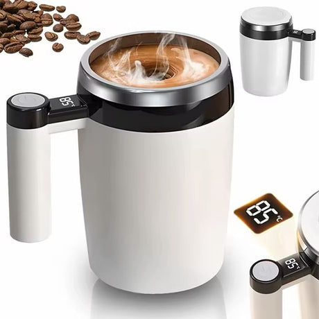 Cana inteligenta cu amestecare automata si afisaj temperatura LCD, reincarcabila USB, 400 ml, alb