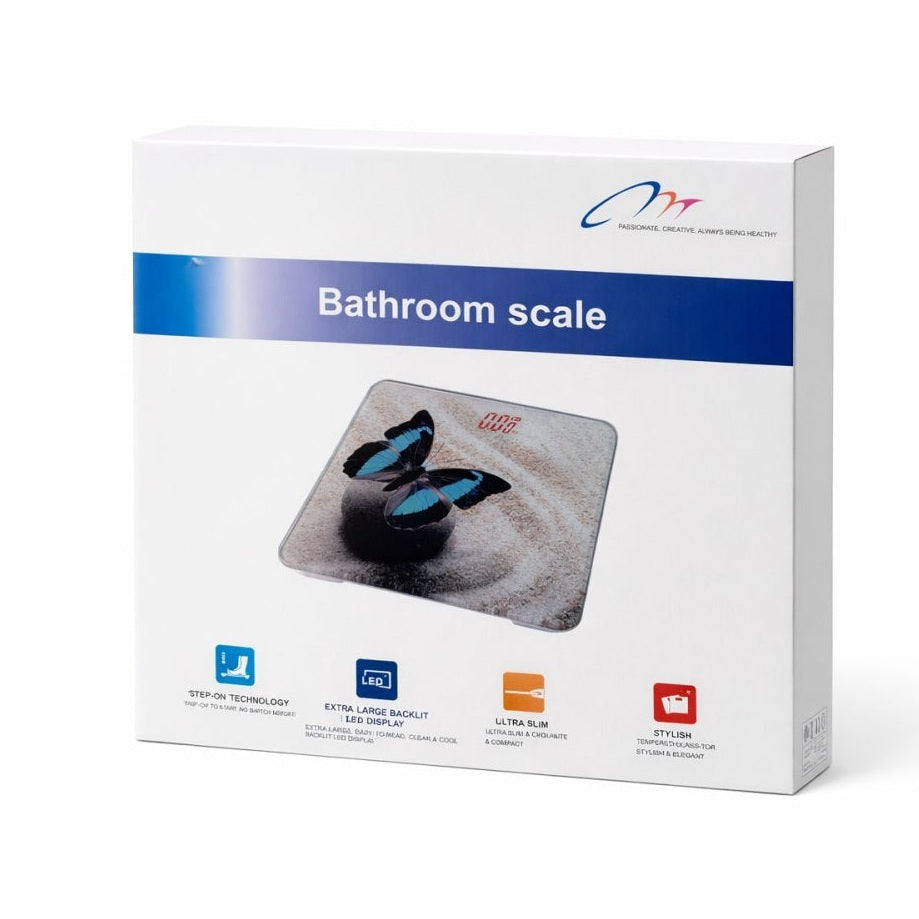 Cantar corporal digital cu display LED, platforma sticla securizata, model fluturi