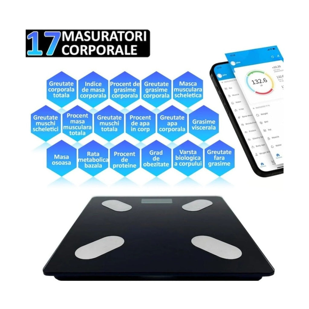 Cântar digital inteligent Bluetooth negru cu ecran LED și tehnologie STEP-ON