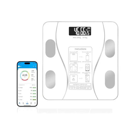 Cântar inteligent cu conectivitate app, analizator corporal digital, sticlă și plastic, alb