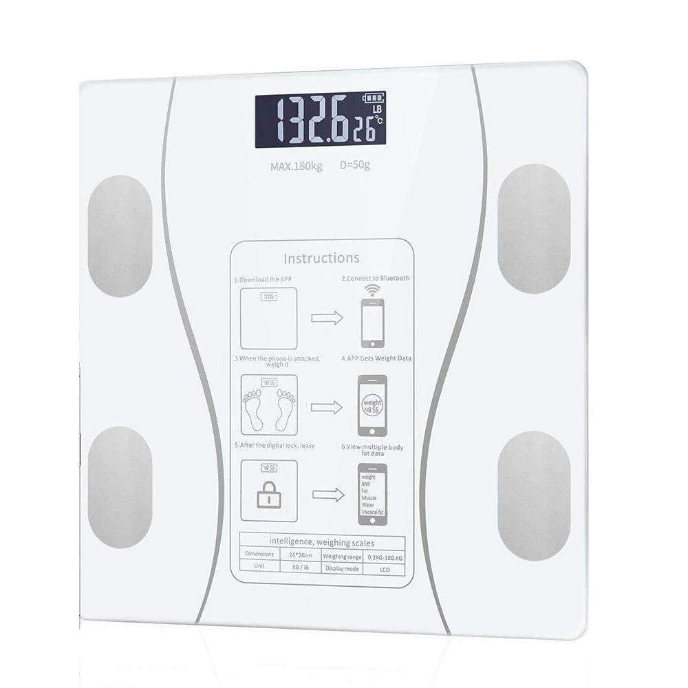 Cântar inteligent cu conectivitate app, analizator corporal digital, sticlă și plastic, alb