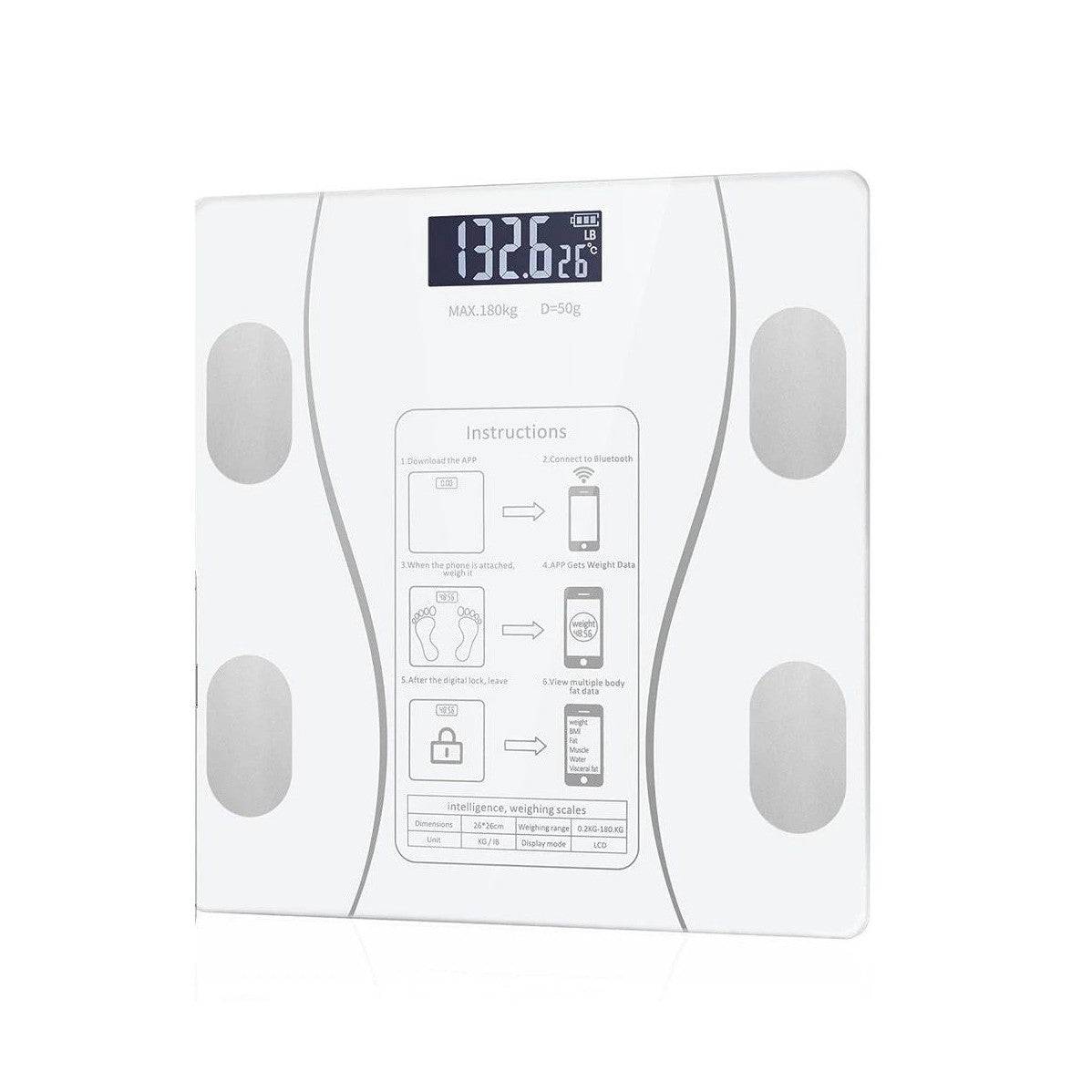 Cântar inteligent cu conectivitate app, analizator corporal digital, sticlă și plastic, alb