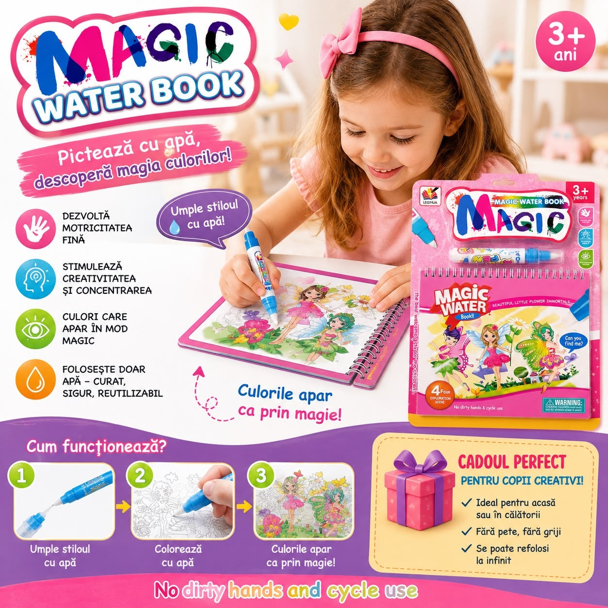 Carte de Colorat cu Apă Magică Reutilizabilă pentru Copii 3+ Ani – Zâne și Flori Fermecate
