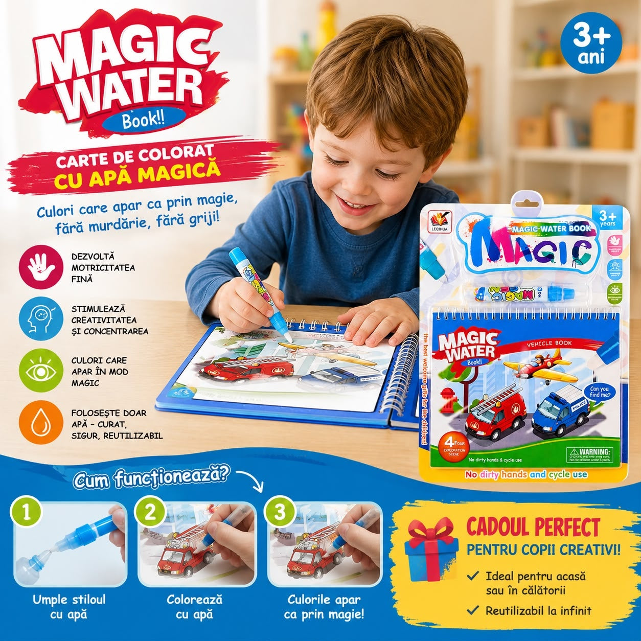 Carte de Colorat cu Apă Magică Reutilizabilă pentru Copii 3+ Ani – Vehicule, Magic Water Book