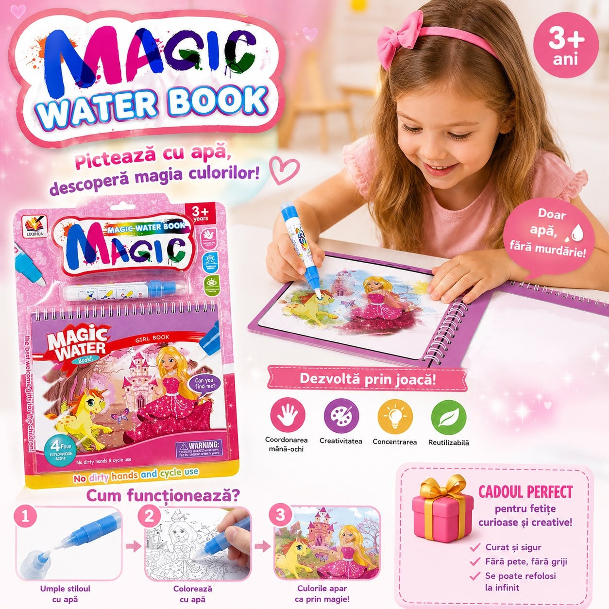 Carte de Colorat cu Apă Magică Reutilizabilă pentru Fetițe 3+ Ani – Prințese și Unicorn