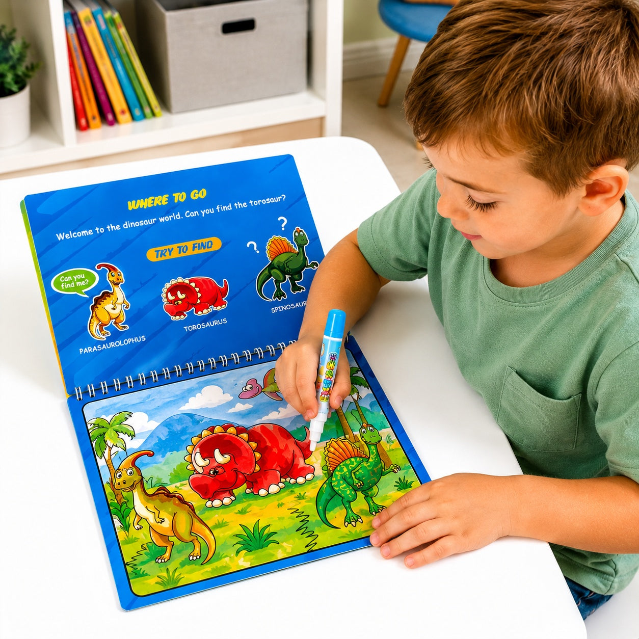 Carte reutilizabila cu apa pentru colorat copii, Dinozauri, 23x33cm