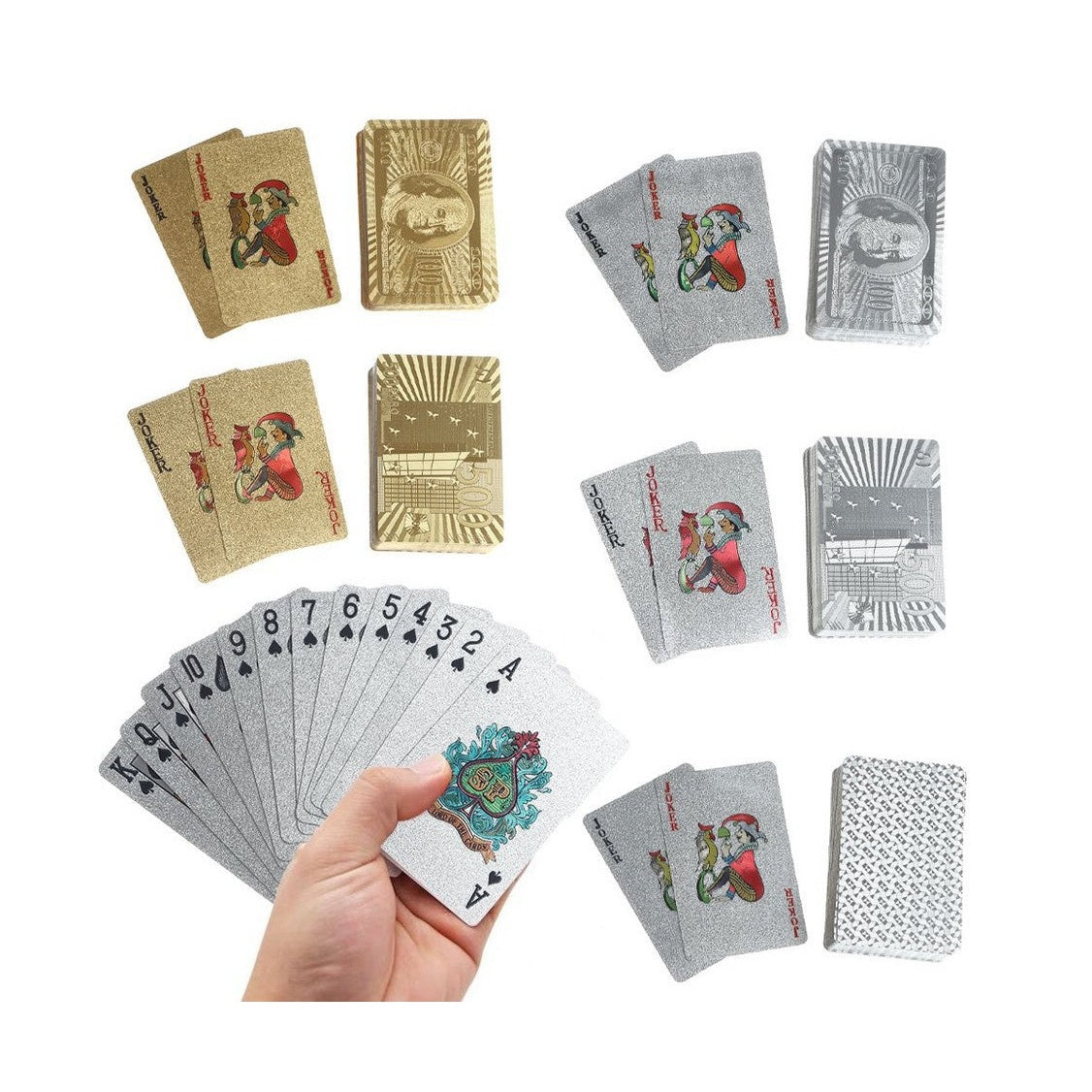 Carti de Joc Luxury cu Cutie Tip 100 USD, Set Premium Metalic, Poker Edition