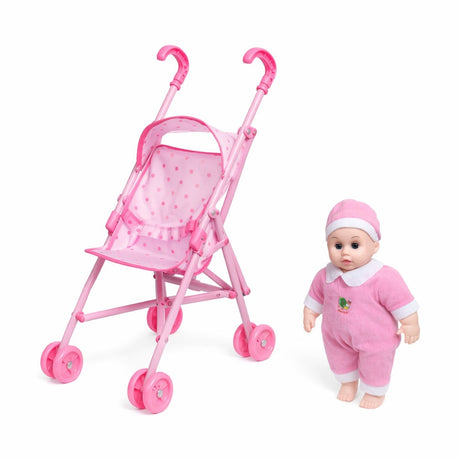 Cărucior de jucărie roz cu păpușă, plastic, 22x42x50 cm, pentru joc de rol