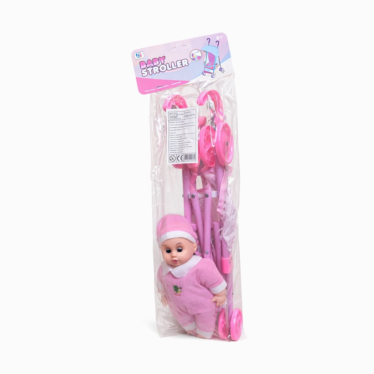Cărucior de jucărie roz cu păpușă, plastic, 22x42x50 cm, pentru joc de rol