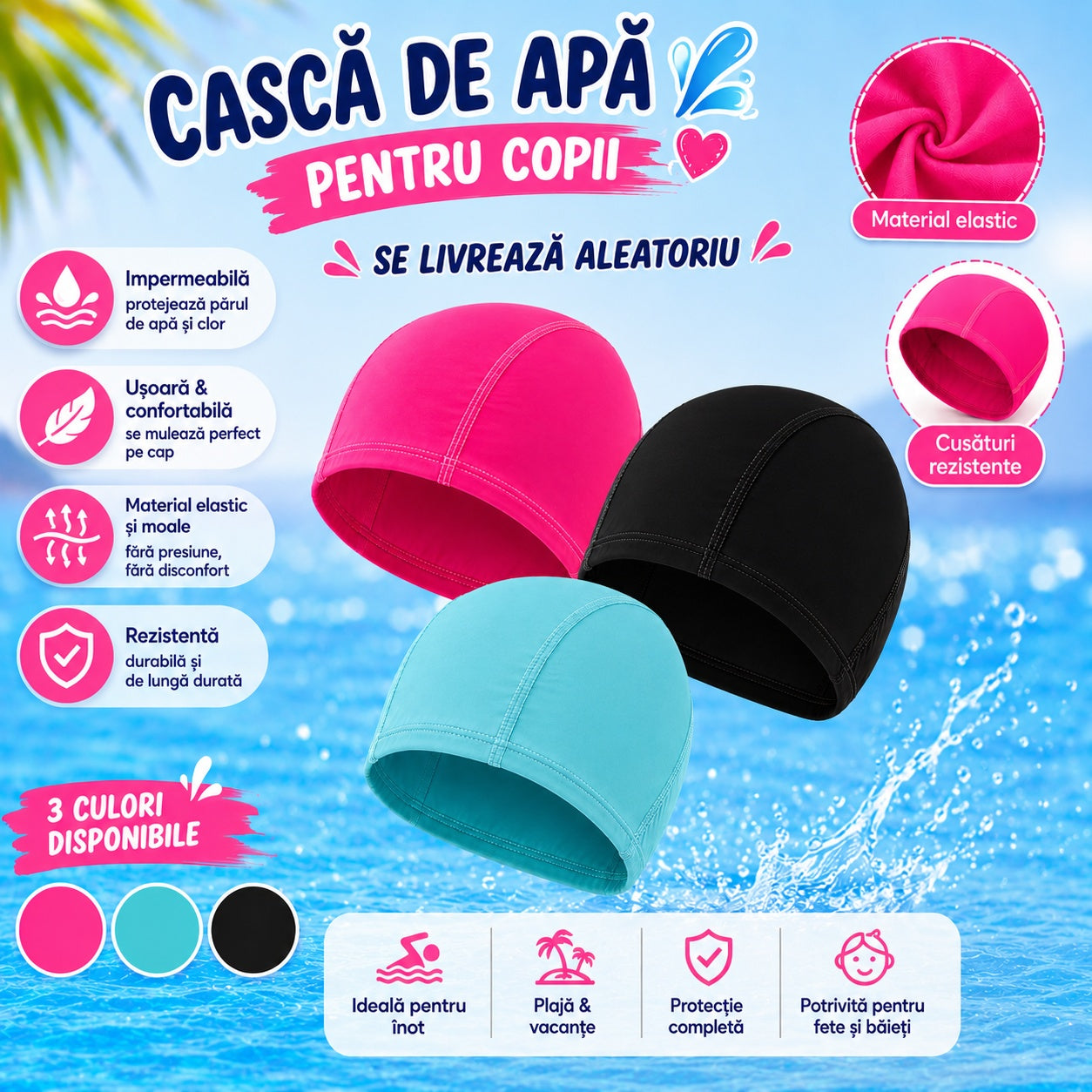 Cască de Înot pentru Copii, Mărime Universală, Material Elastic și Impermeabil, Culoare Aleatorie