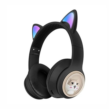 Casti wireless Bluetooth cu urechi de pisica LED, pliabile, pentru copii si adulti, negre