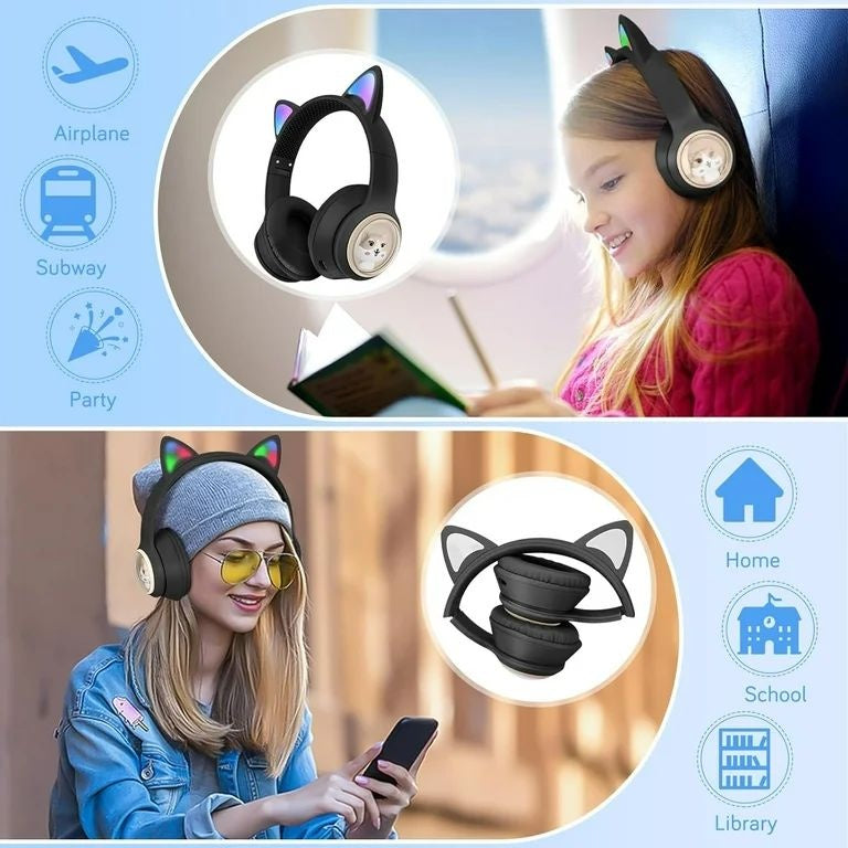 Casti wireless Bluetooth cu urechi de pisica LED, pliabile, pentru copii si adulti, negre