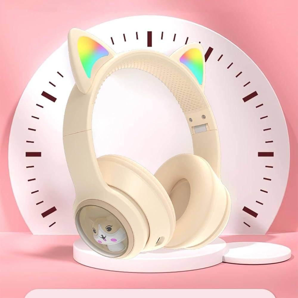 Casti wireless Bluetooth cu urechi de pisica LED, pliabile, pentru copii si adulti, crem