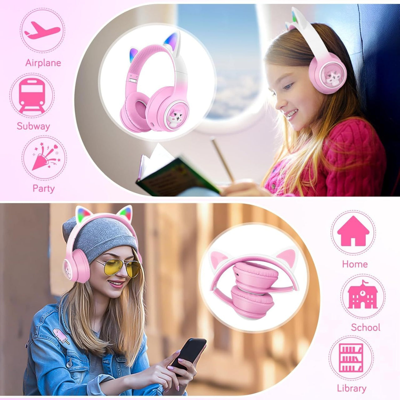 Casti wireless Bluetooth cu urechi de pisica LED, pliabile, pentru copii si adulti, roz
