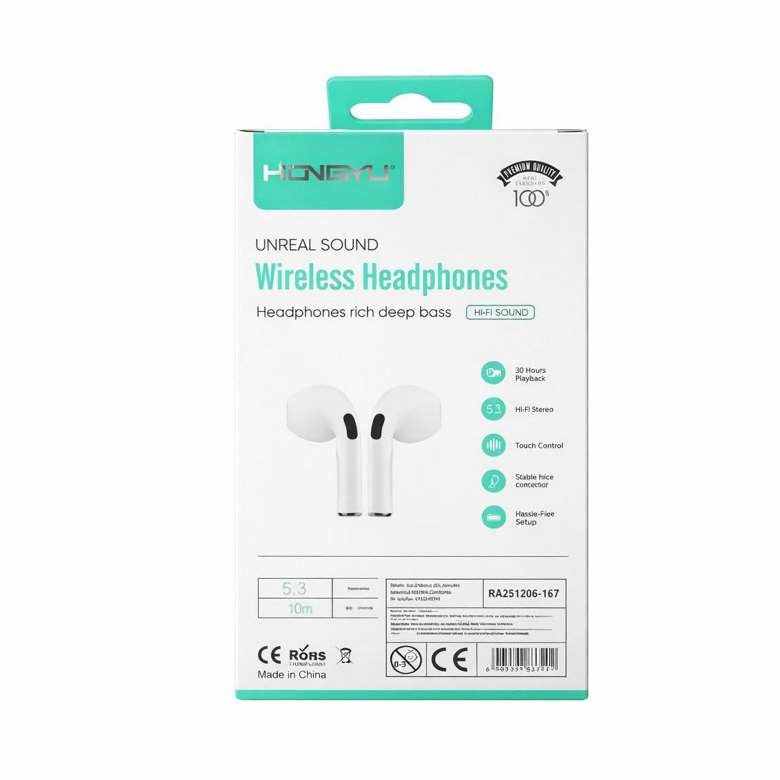 Căști wireless Bluetooth Hongyu HY-B110 cu cutie de încărcare, Hi-Fi stereo, Albe