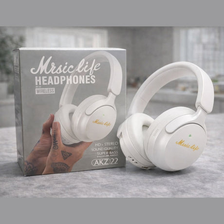 Casti wireless Bluetooth Music Life AKZ22 cu microfon, stereo HD si bass puternic alb