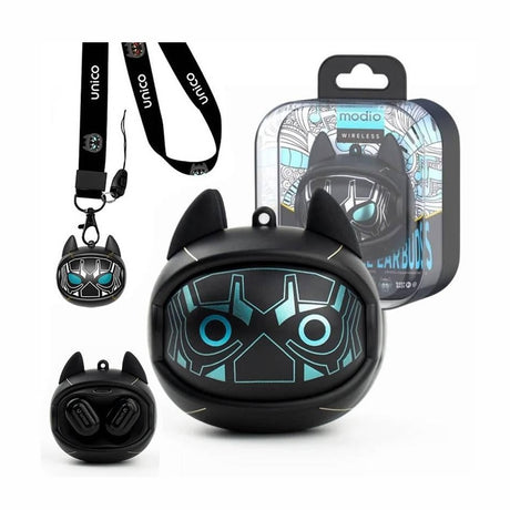Căști wireless Bluetooth TWS design pisică futuristă și breloc, încărcare USB-C, negru
