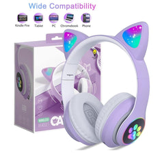 Căști wireless cu urechi de pisică și lumini LED, design ergonomic, mov