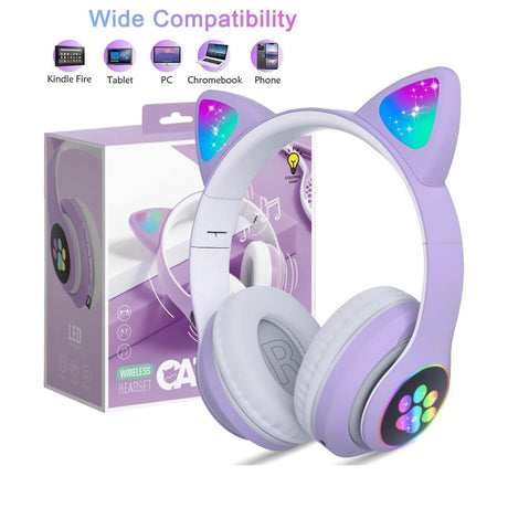 Căști wireless cu urechi de pisică și lumini LED, design ergonomic, mov