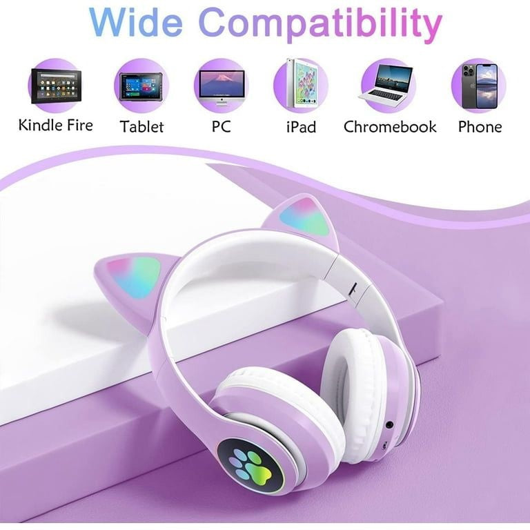 Căști wireless cu urechi de pisică și lumini LED, design ergonomic, mov