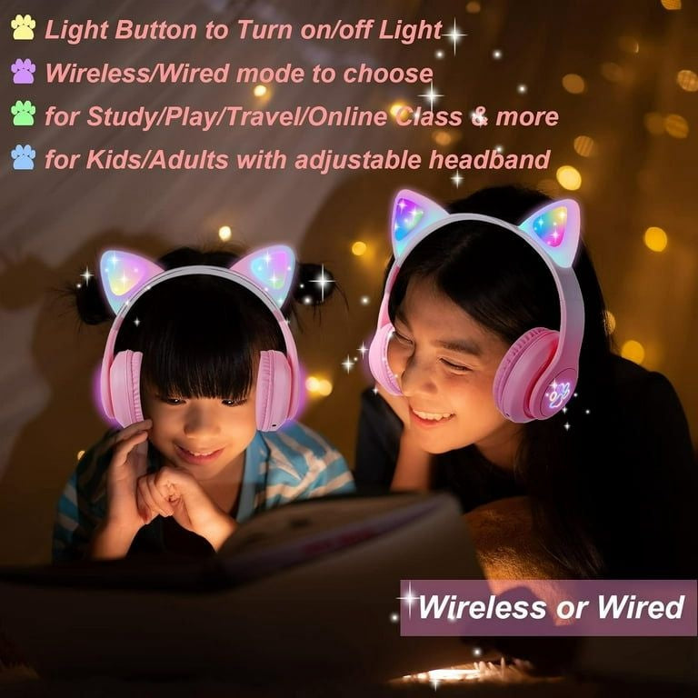 Căști wireless cu urechi de pisică și lumini LED, design ergonomic, roz