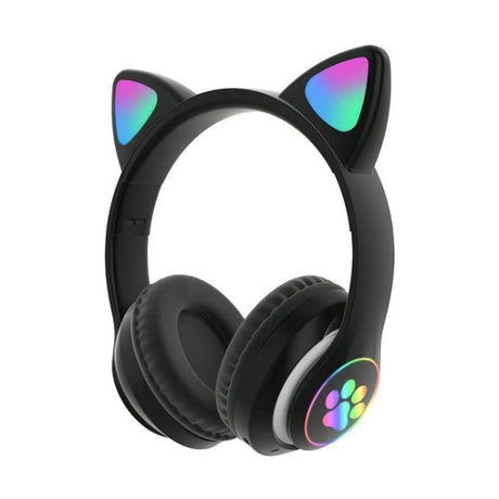Căști wireless cu urechi de pisică și lumini LED, design ergonomic, Negru