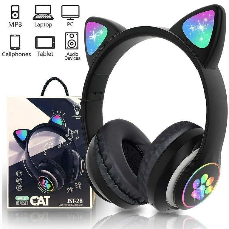 Căști wireless cu urechi de pisică și lumini LED, design ergonomic, Negru