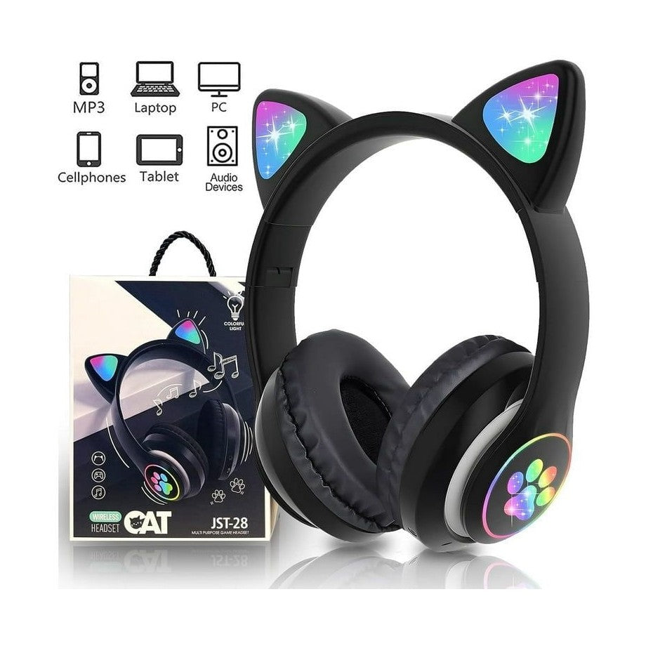 Căști wireless cu urechi de pisică și lumini LED, design ergonomic, Negru
