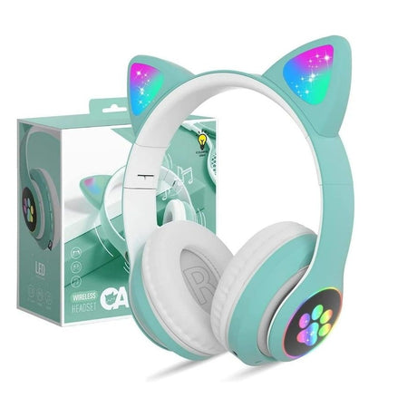 Căști wireless cu urechi de pisică și lumini LED, design ergonomic, turcoaz