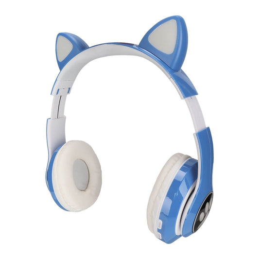 Căști wireless cu urechi de pisică și lumini LED, design ergonomic, Albastru