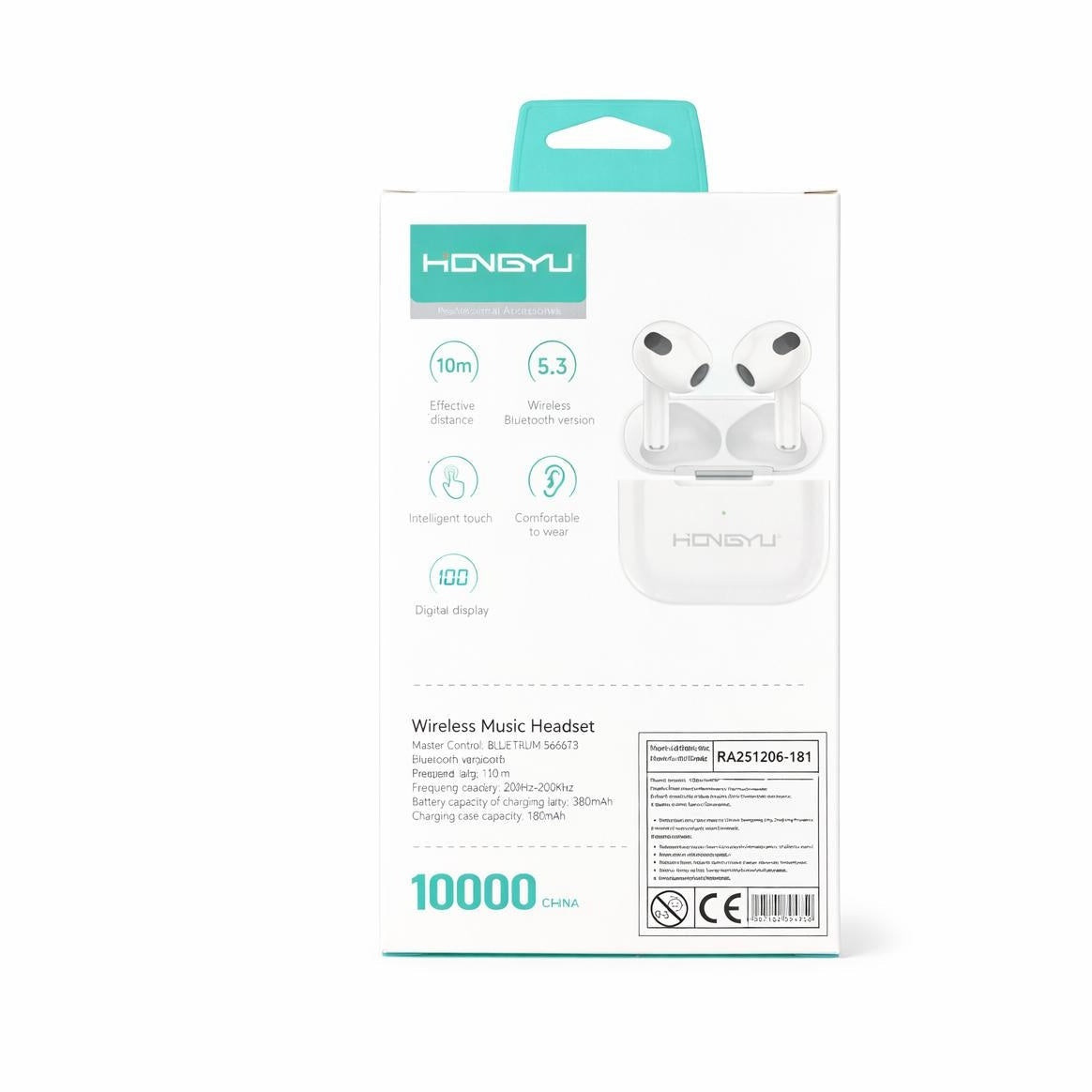 Căști wireless TWS Hongyu HY-BT04 Bluetooth 5.3, control touch, albe