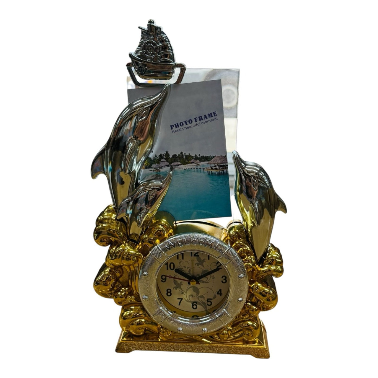 Ceas decorativ de masa cu rama foto si delfini , model marin elegant cu corabie si design auriu , decor interior 35 cm,