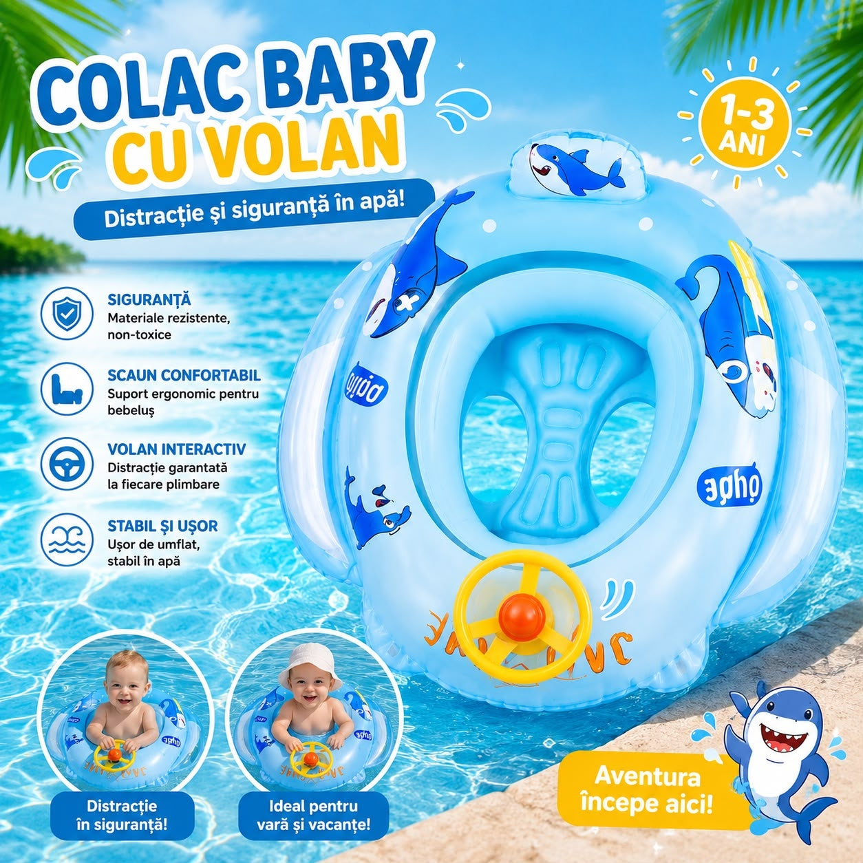 Colac Baby Gonflabil cu Volan și Scaun Integrat, Model Rechin, 1-3 Ani – Colac pentru Bebeluși