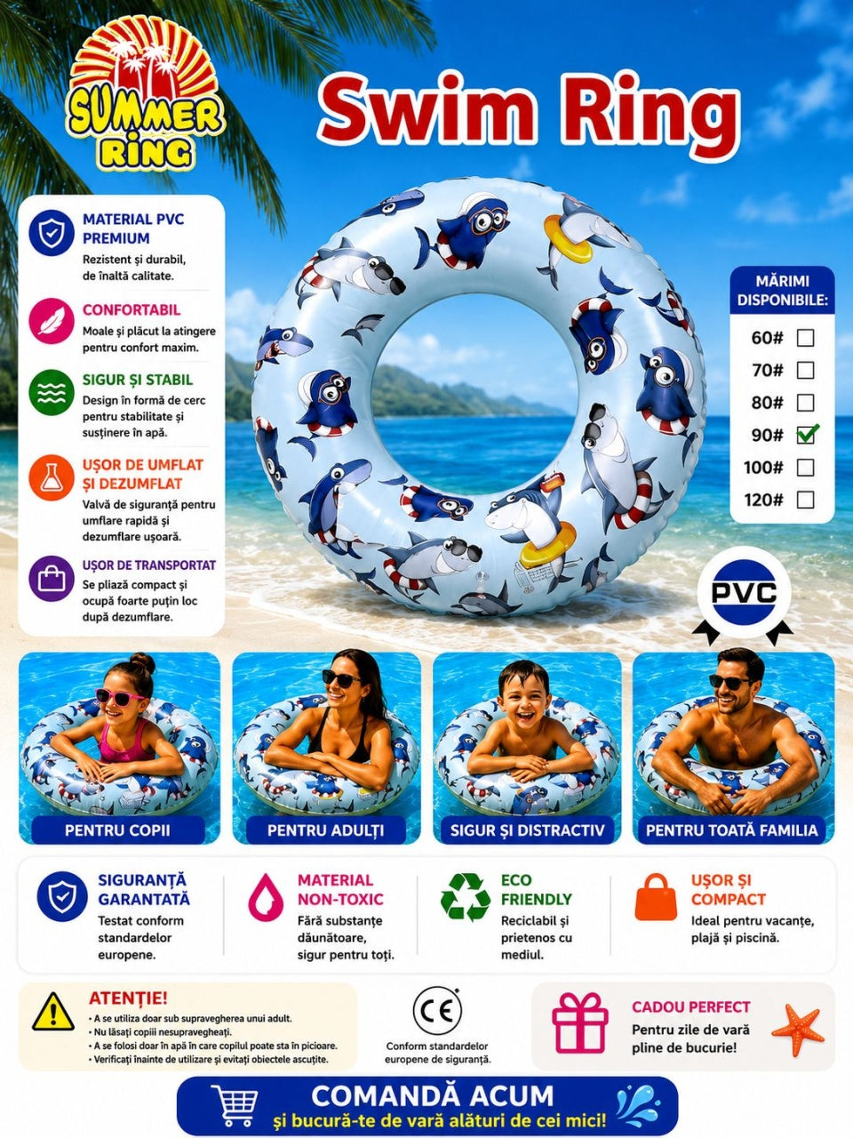 Colac Gonflabil 70 cm cu Rechini – Inel de Înot pentru Copii, Piscină și Plajă