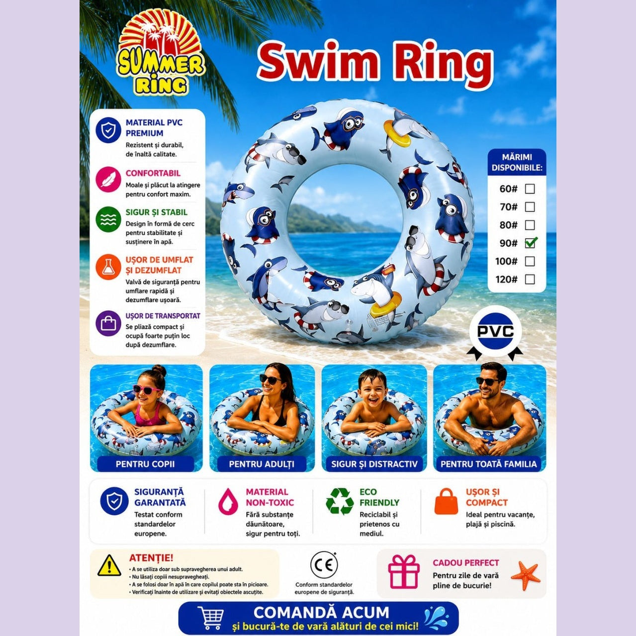 Colac Gonflabil 90 cm cu Rechini – Inel Gonflabil pentru Copii, Piscină și Plajă