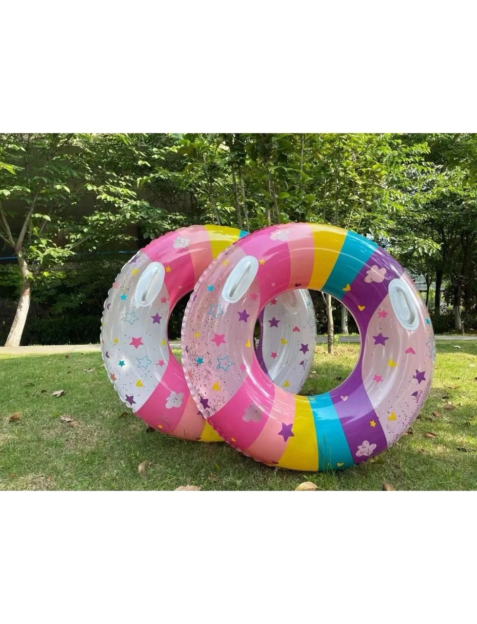 Colac Gonflabil 90 cm cu Stelute si Norisori cu manere , Design Pastel Colorat cu Sclipici, Ideal pentru Piscina, Mare si Activitati de Vara,