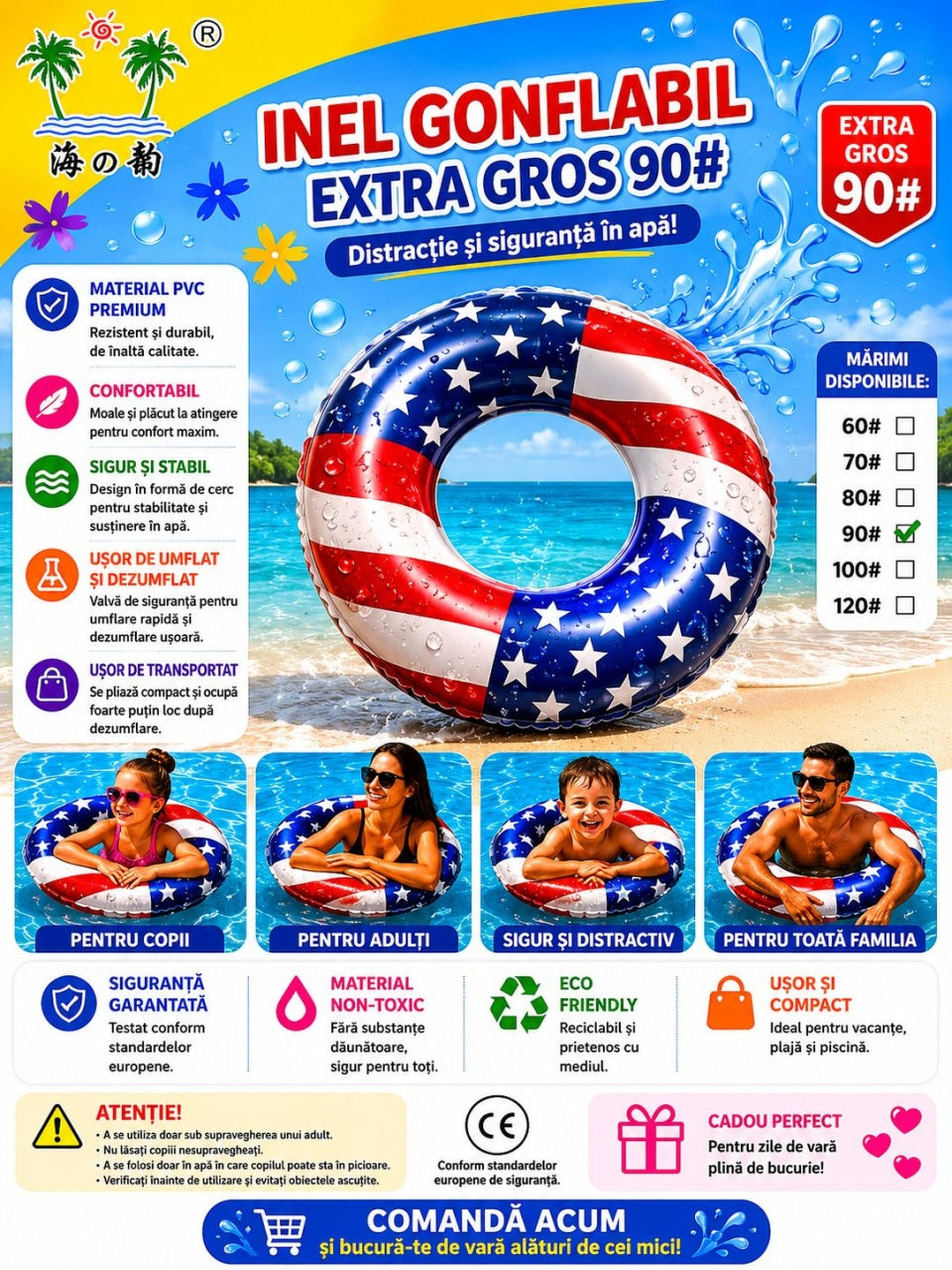 Colac Gonflabil 90 cm Model Steag – Colac Gonflabil Extra Gros pentru Piscină și Plajă