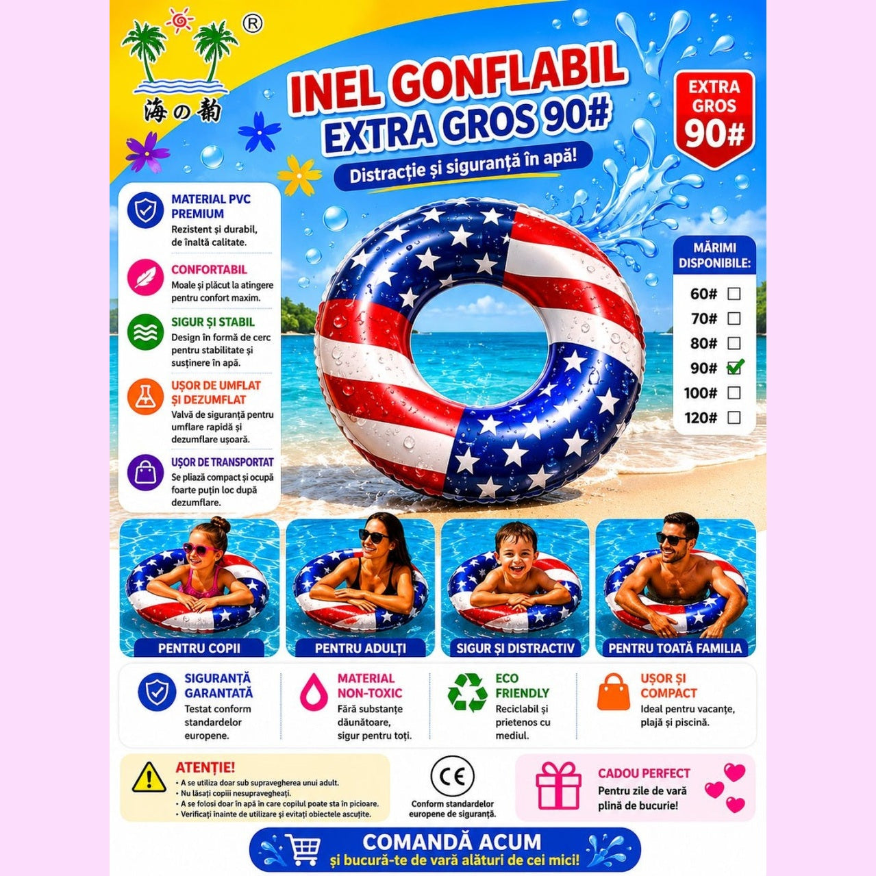 Colac Gonflabil 90 cm Model Steag – Colac Gonflabil Extra Gros pentru Piscină și Plajă