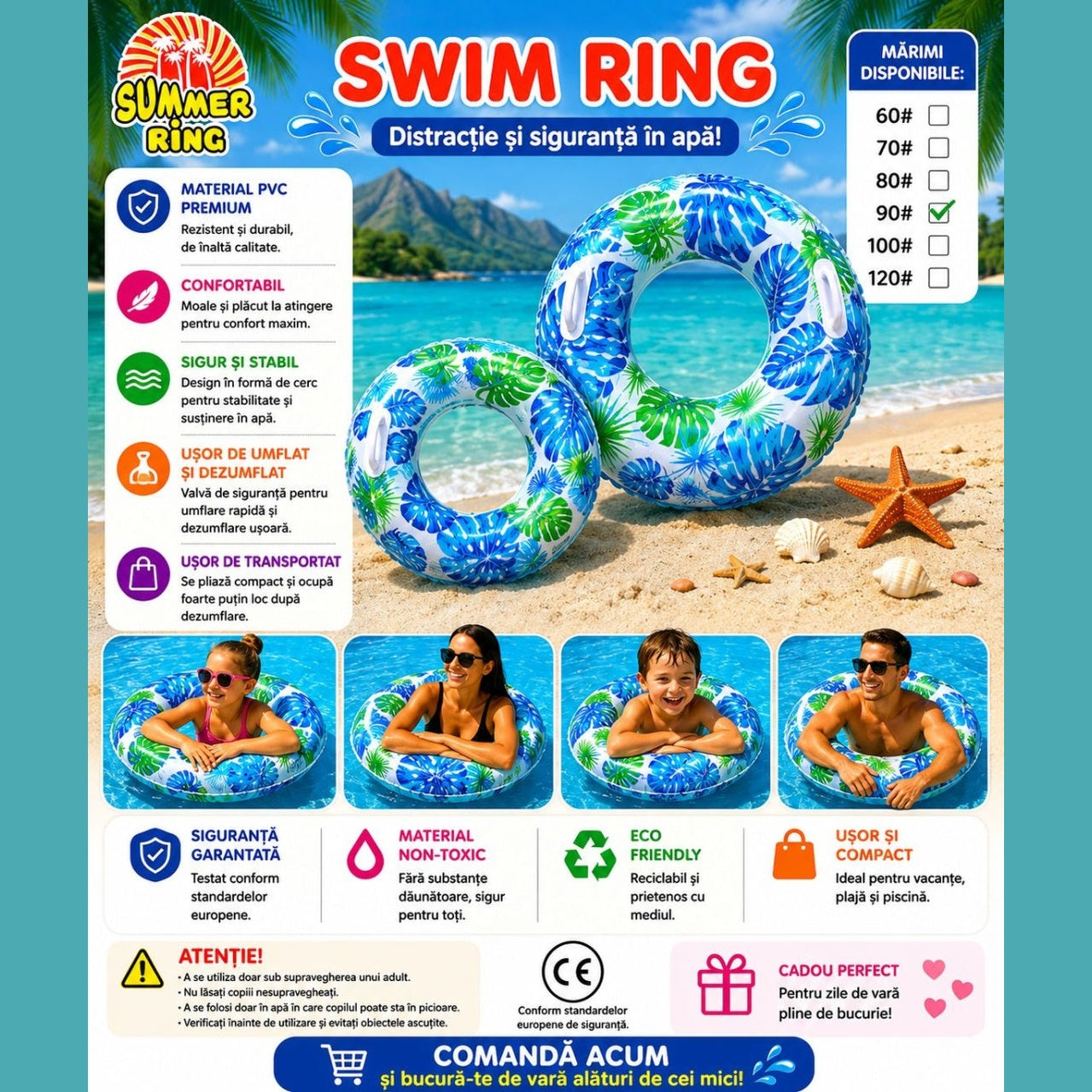 Colac Gonflabil Albastru Tropical 90 cm – Colac de Înot pentru Piscină și Plajă