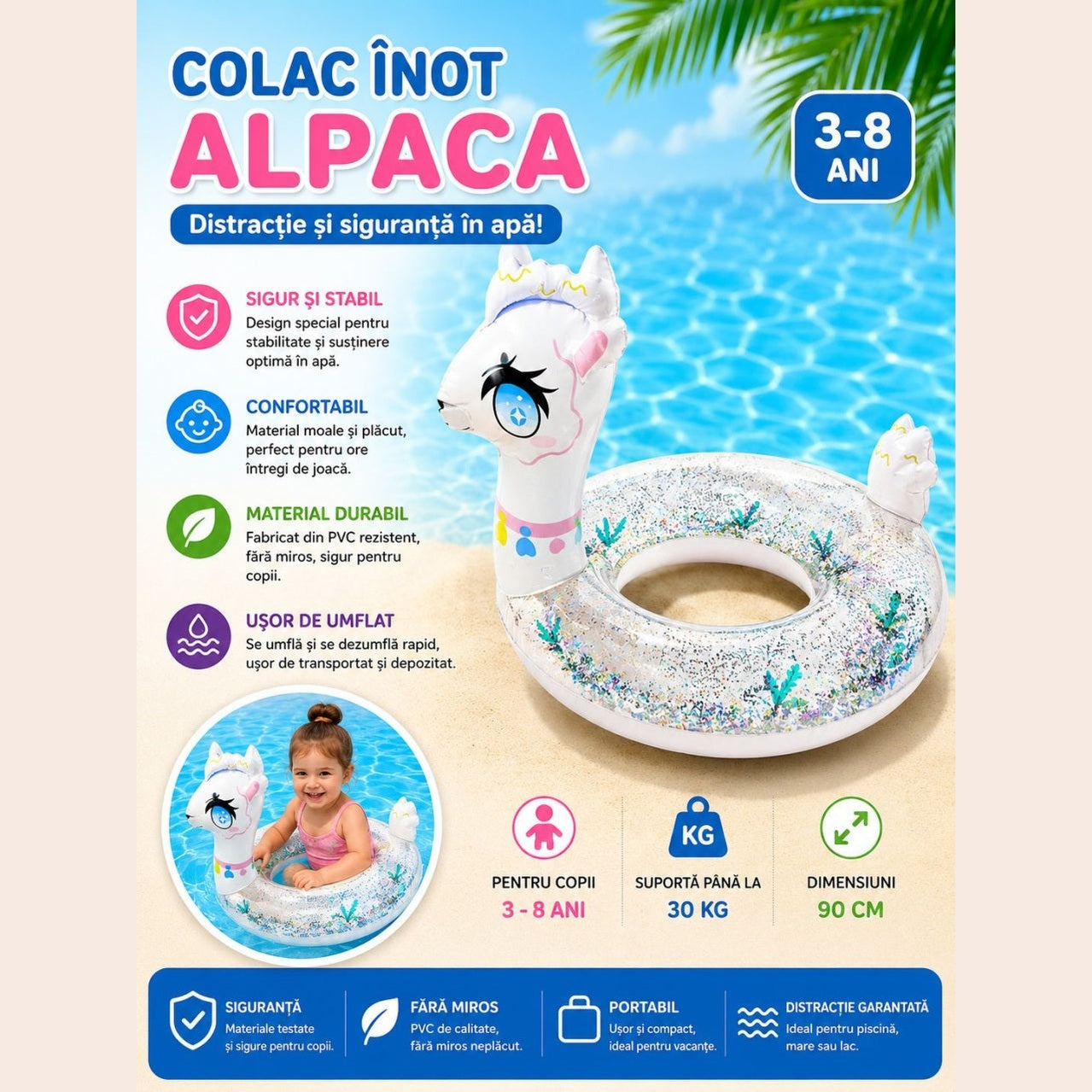 Colac Gonflabil Alpaca pentru Copii – 90 cm, Model cu Sclipici, PVC Rezistent
