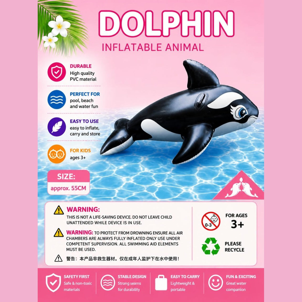 Colac gonflabil balena Orca pentru copii 150x88x55 cm, jucarie apa piscina si plaja