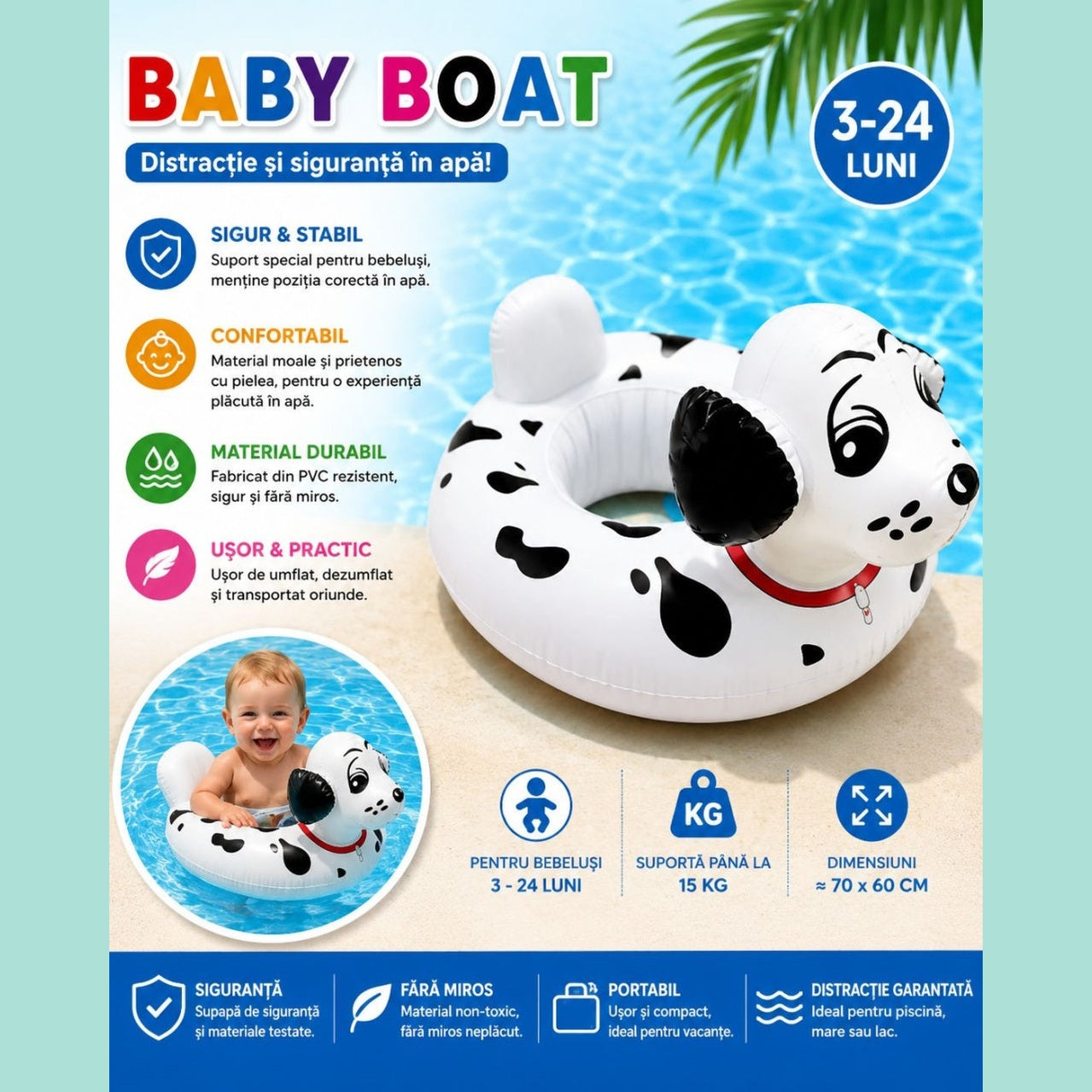 Colac Gonflabil Cățel pentru Bebeluși – Baby Boat 70x60 cm, Model Dalmațian, Sigur și Confortabil